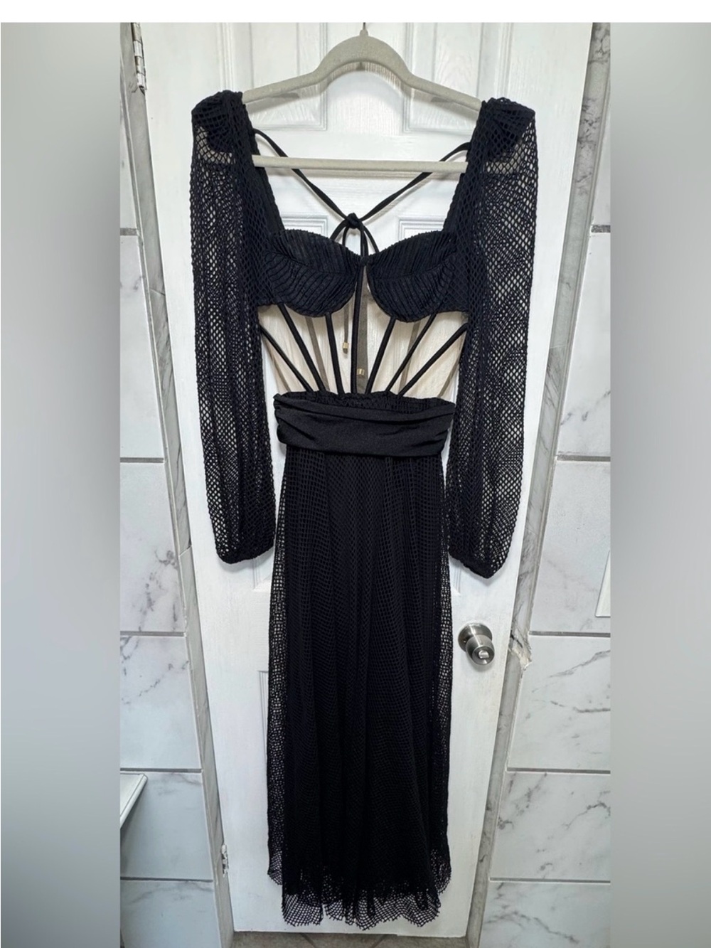 PatBO Black Strappy Mesh Bodysuit with Corset Detailing. - Picture 2 of 6